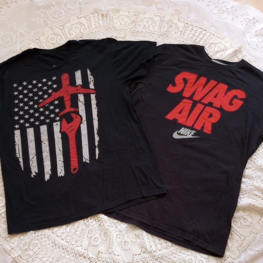 Nike Swag Air Black and Red Graphic Tee & Unbranded Patriotic Tee,  Large